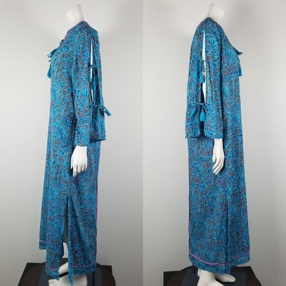 Cleobella Blue Bria Zuri Block Print Kaftan Midi Dress No Belt Size XS *Damaged - Picture 2 of 16